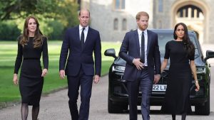William and Harry put on a united front to greet well-wishers with Kate and Meghan